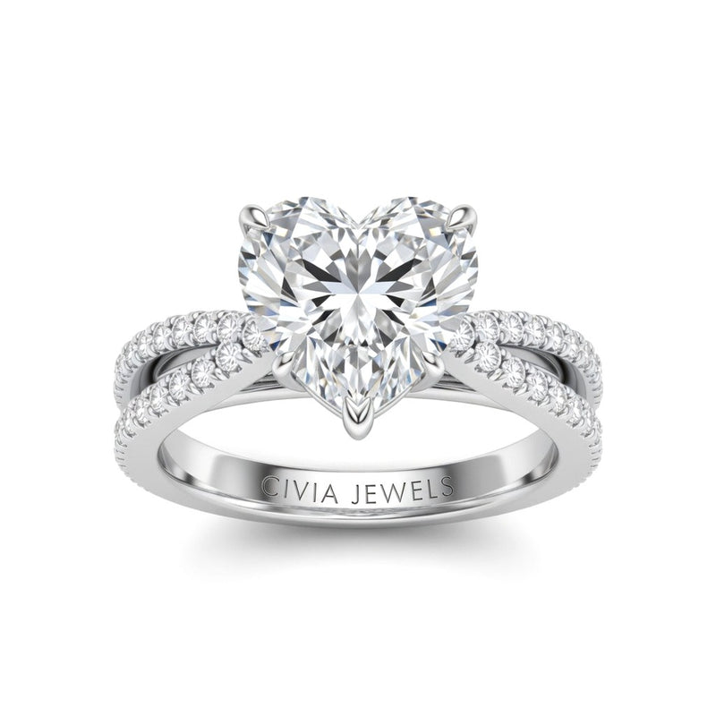 White Gold Heart Cut Elevated Solitaire With Diamond Pavé Twisted Split Shank Engagement Ring