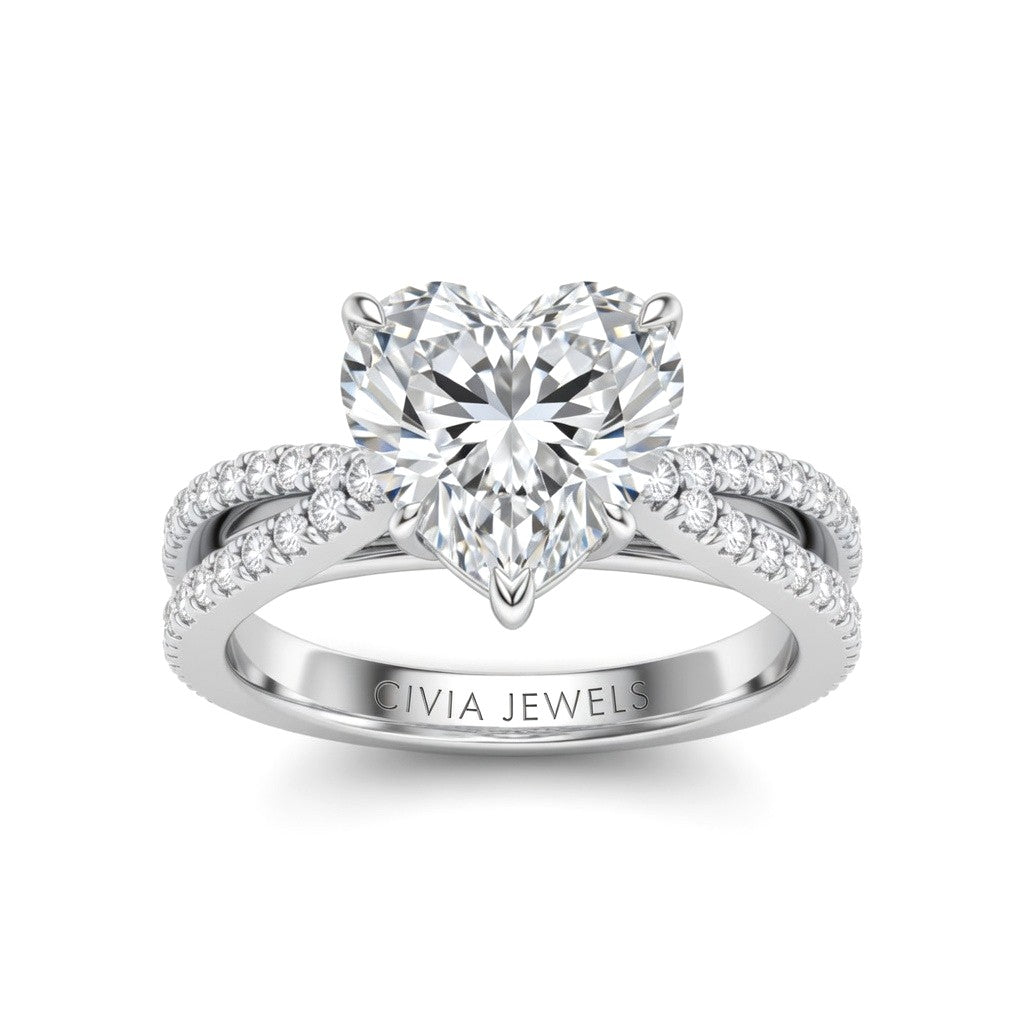 Silver Heart Cut Elevated Solitaire With Diamond Pavé Twisted Split Shank Engagement Ring