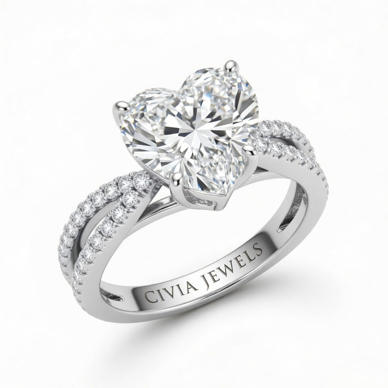 Silver Heart Cut Elevated Solitaire With Diamond Pavé Twisted Split Shank Engagement Ring