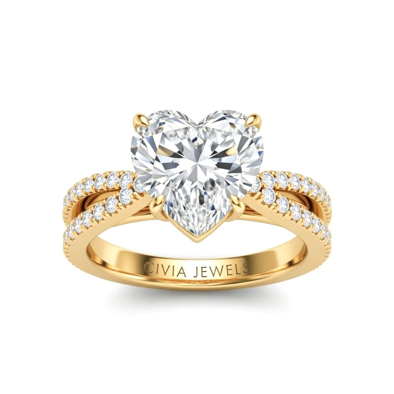 Yellow Gold Heart Cut Elevated Solitaire With Diamond Pavé Twisted Split Shank Engagement Ring