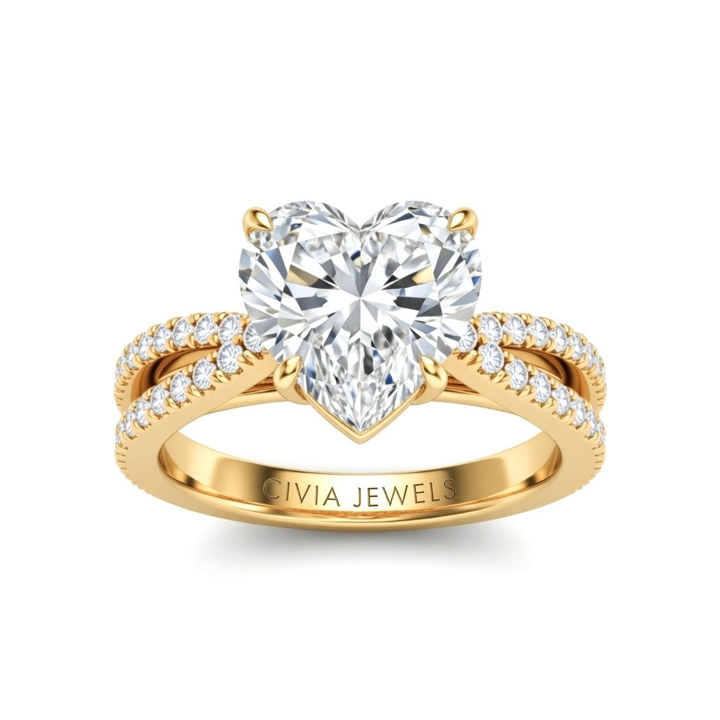 Yellow Gold Heart Cut Elevated Solitaire With Diamond Pavé Twisted Split Shank Engagement Ring