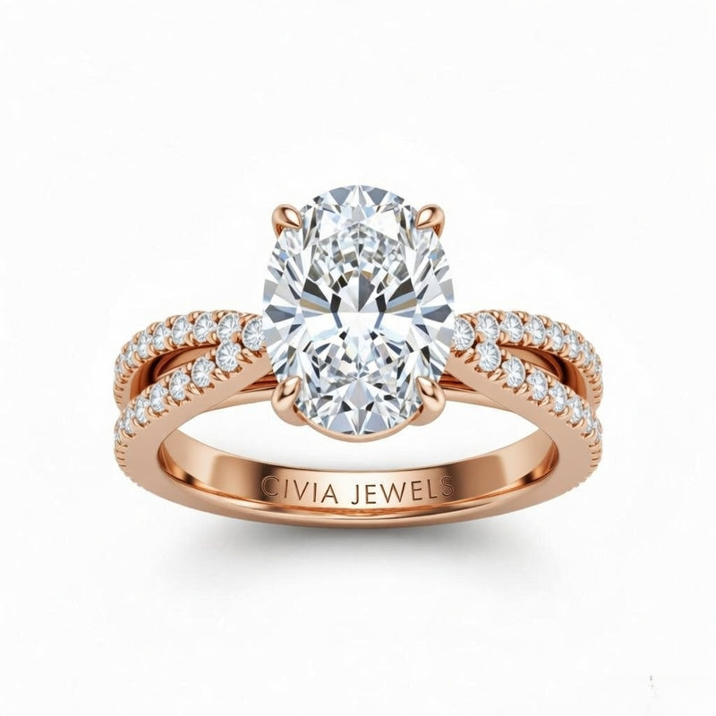 Rose Gold Oval Cut Elevated Solitaire With Diamond Pavé Twisted Split Shank Engagement Ring