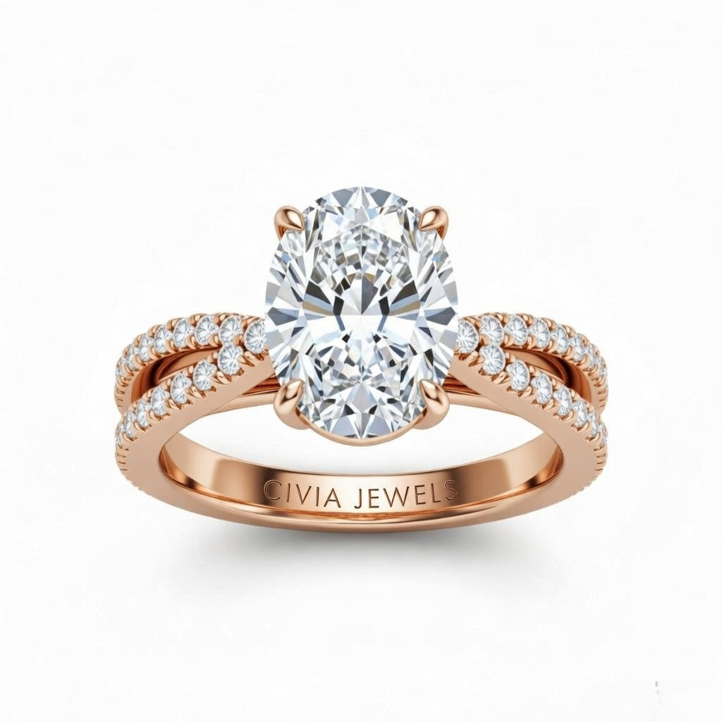 Rose Gold Oval Cut Elevated Solitaire With Diamond Pavé Twisted Split Shank Engagement Ring