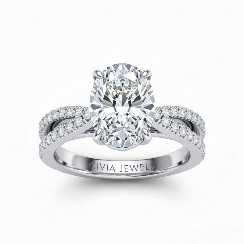 White Gold Oval Cut Elevated Solitaire With Diamond Pavé Twisted Split Shank Engagement Ring