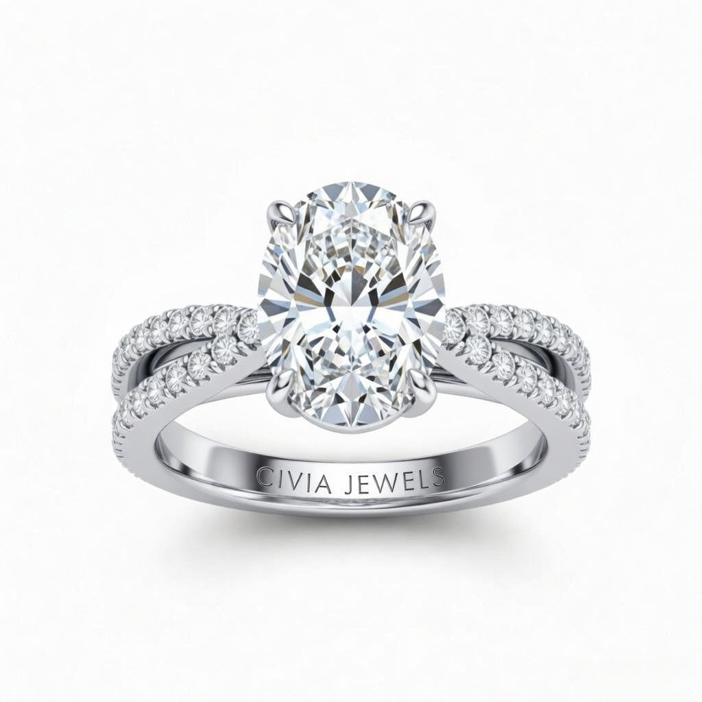 Silver Oval Cut Elevated Solitaire With Diamond Pavé Twisted Split Shank Engagement Ring