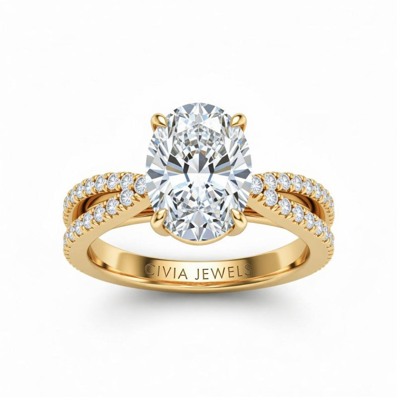 Yellow Gold Oval Cut Elevated Solitaire With Diamond Pavé Twisted Split Shank Engagement Ring