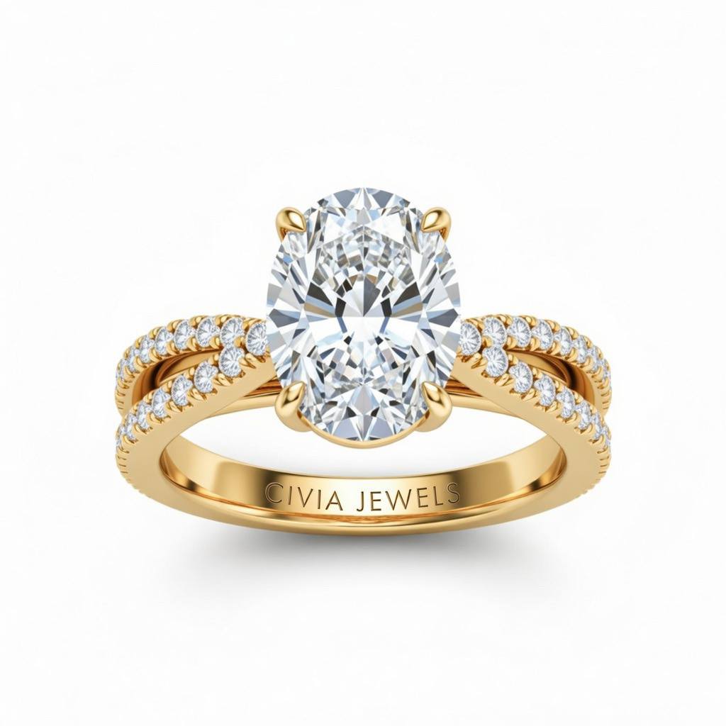 Yellow Gold Oval Cut Elevated Solitaire With Diamond Pavé Twisted Split Shank Engagement Ring