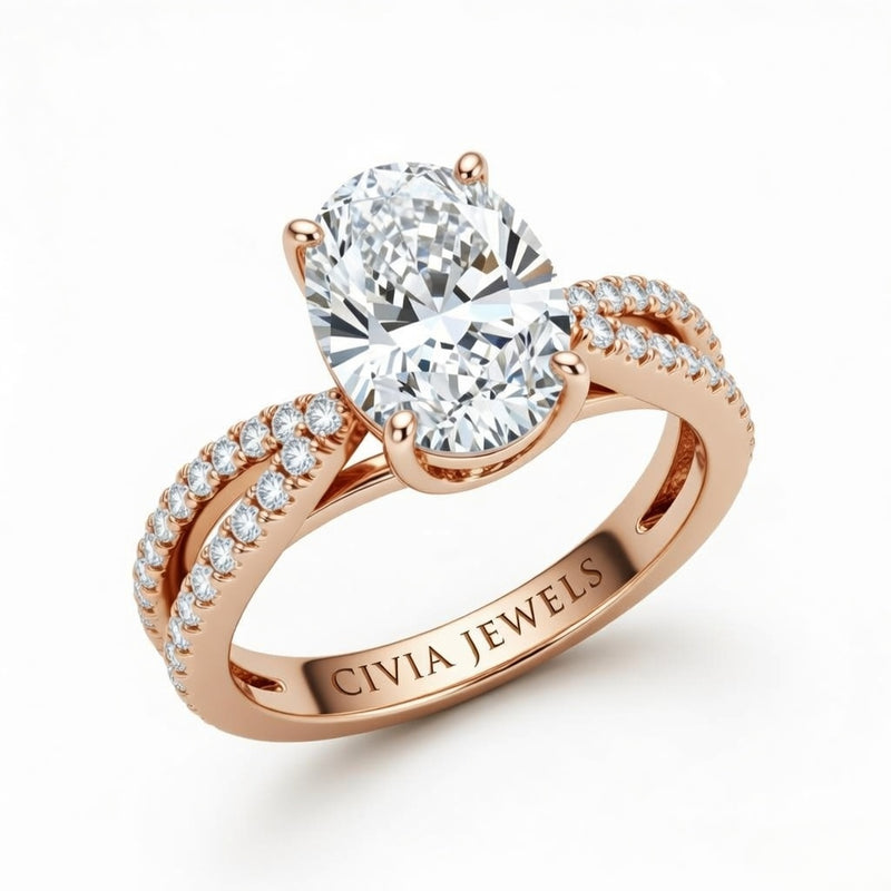 Rose Gold Oval Cut Elevated Solitaire With Diamond Pavé Twisted Split Shank Engagement Ring