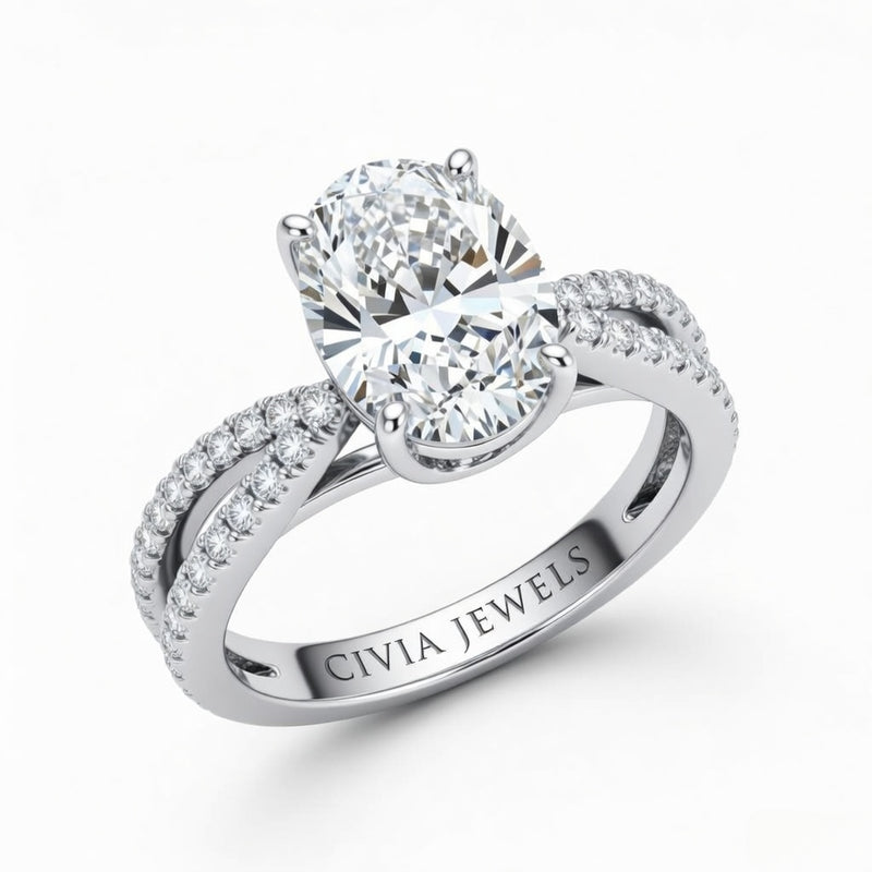 White Gold Oval Cut Elevated Solitaire With Diamond Pavé Twisted Split Shank Engagement Ring