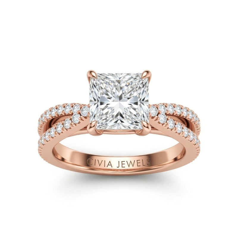 Rose Gold Princess Cut Elevated Solitaire With Diamond Pavé Twisted Split Shank Engagement Ring