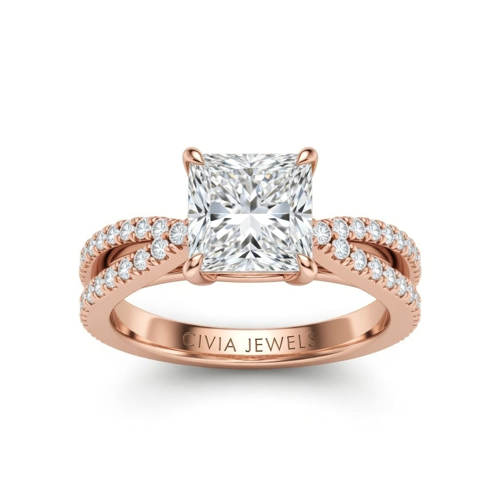 Rose Gold Princess Cut Elevated Solitaire With Diamond Pavé Twisted Split Shank Engagement Ring