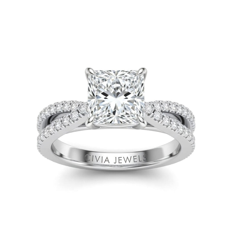 White Gold Princess Cut Elevated Solitaire With Diamond Pavé Twisted Split Shank Engagement Ring
