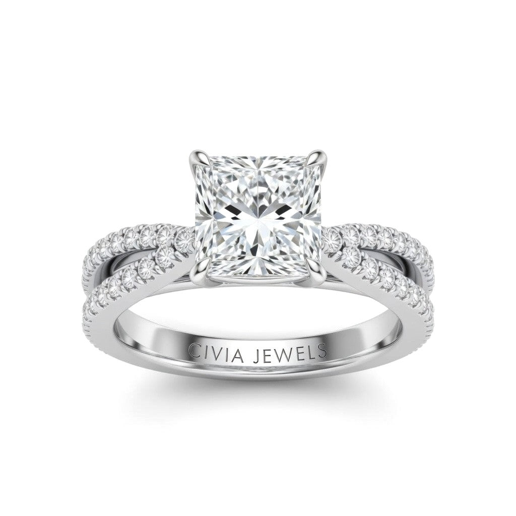 Silver Princess Cut Elevated Solitaire With Diamond Pavé Twisted Split Shank Engagement Ring