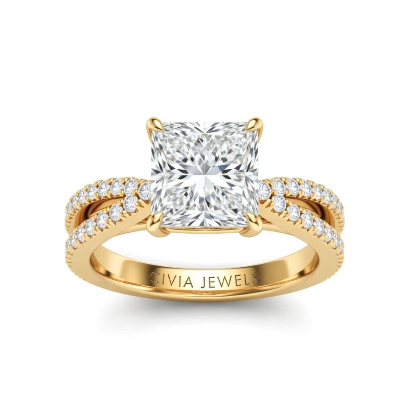 Yellow Gold Princess Cut Elevated Solitaire With Diamond Pavé Twisted Split Shank Engagement Ring