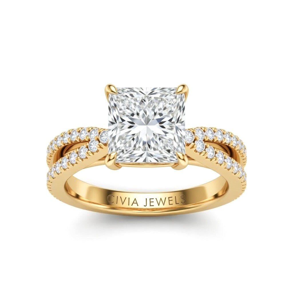 Yellow Gold Princess Cut Elevated Solitaire With Diamond Pavé Twisted Split Shank Engagement Ring