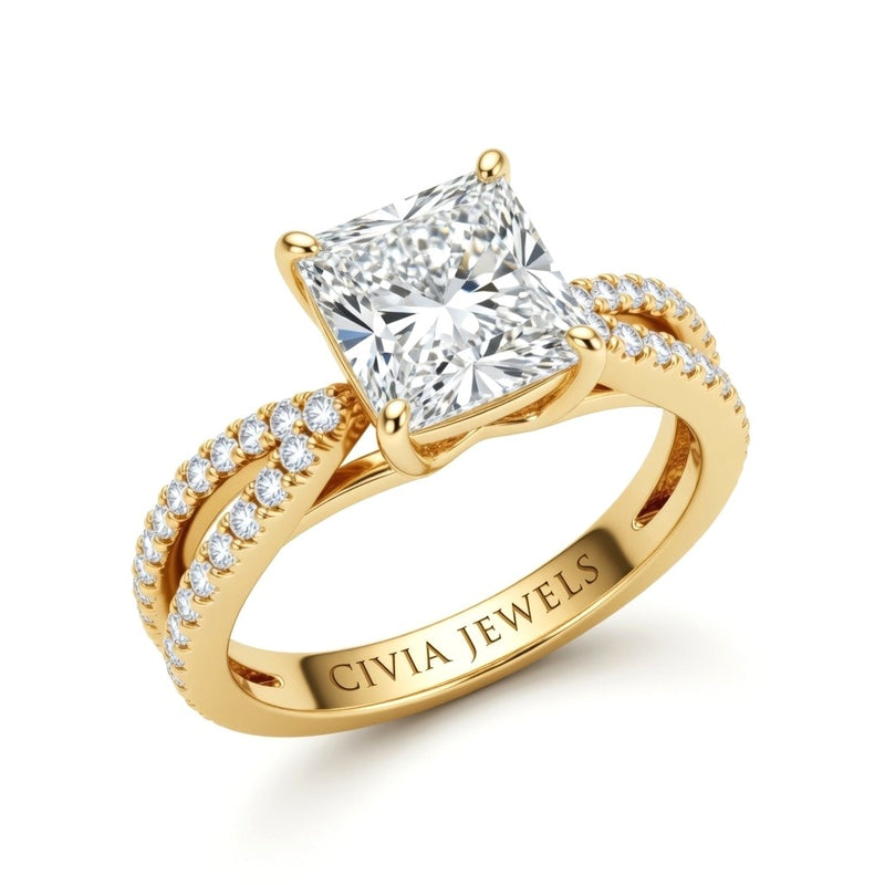 Yellow Gold Princess Cut Elevated Solitaire With Diamond Pavé Twisted Split Shank Engagement Ring