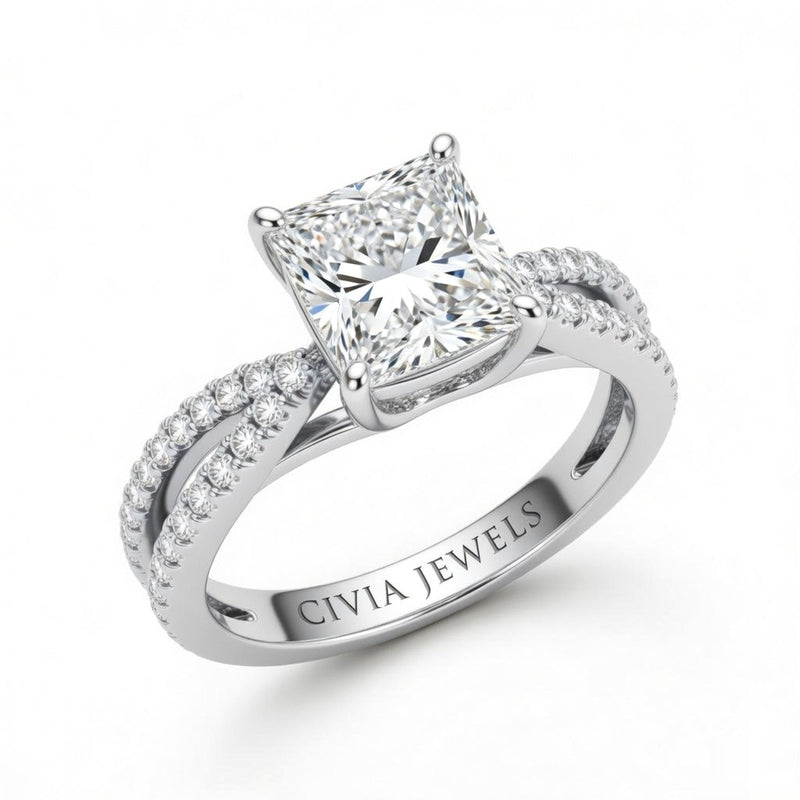 White Gold Princess Cut Elevated Solitaire With Diamond Pavé Twisted Split Shank Engagement Ring
