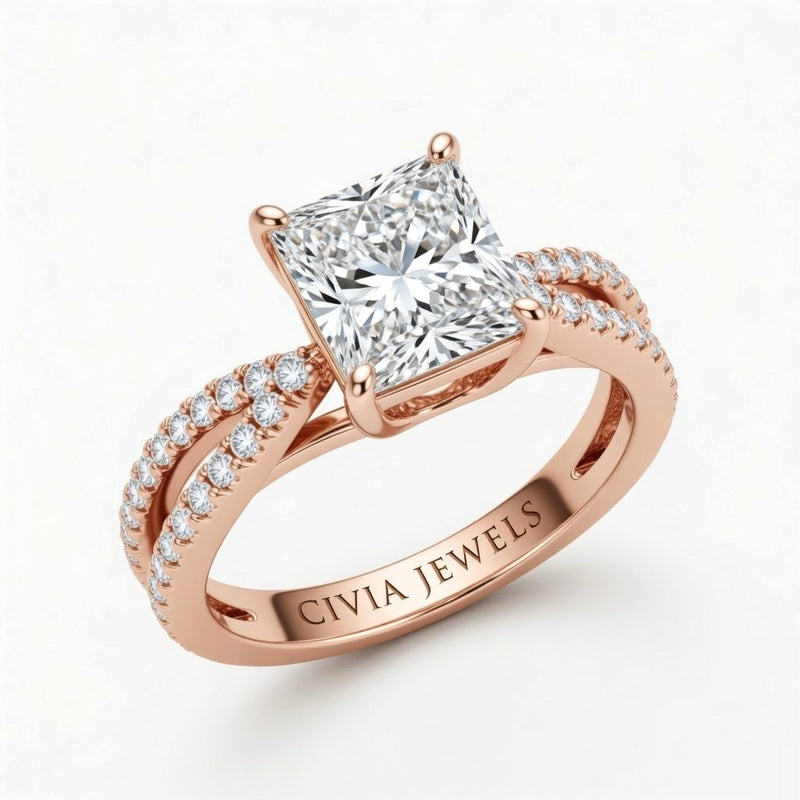 Rose Gold Princess Cut Elevated Solitaire With Diamond Pavé Twisted Split Shank Engagement Ring