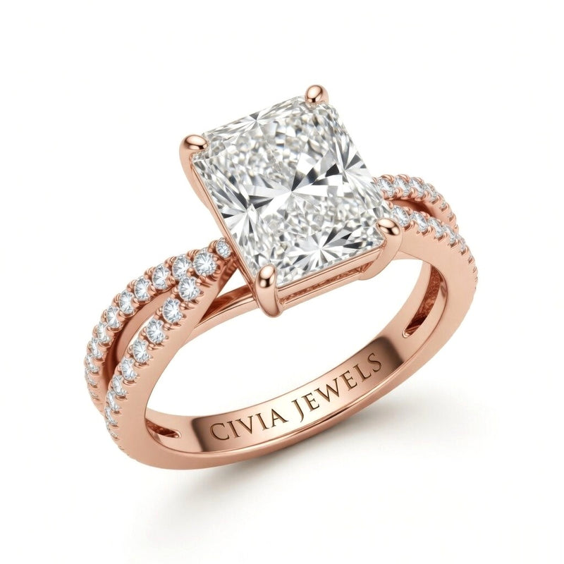 Rose Gold Radiant Cut Elevated Solitaire With Diamond Pavé Twisted Split Shank Engagement Ring