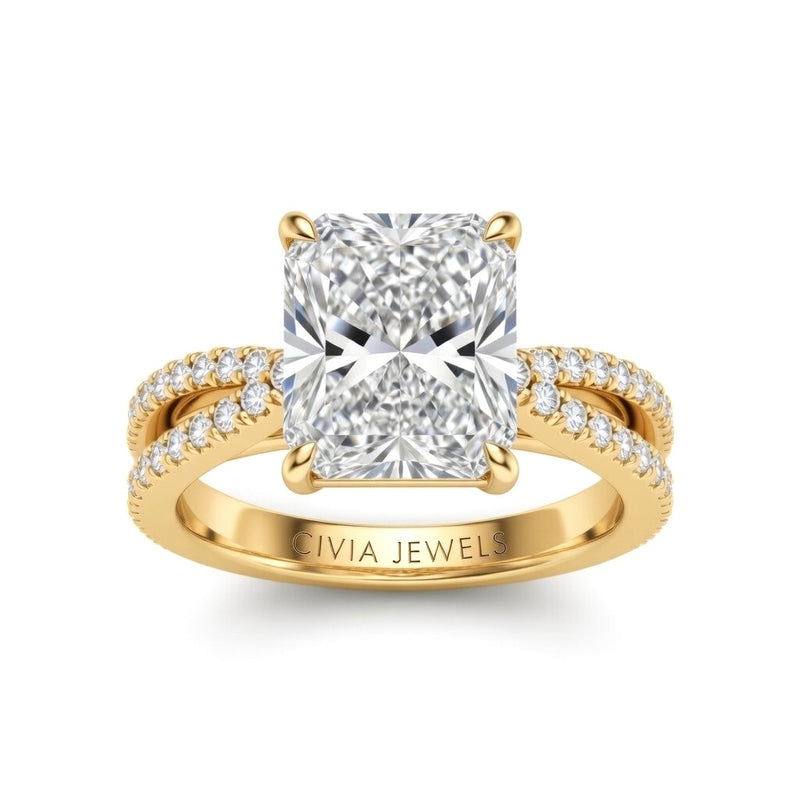 Yellow Gold Radiant Cut Elevated Solitaire With Diamond Pavé Twisted Split Shank Engagement Ring