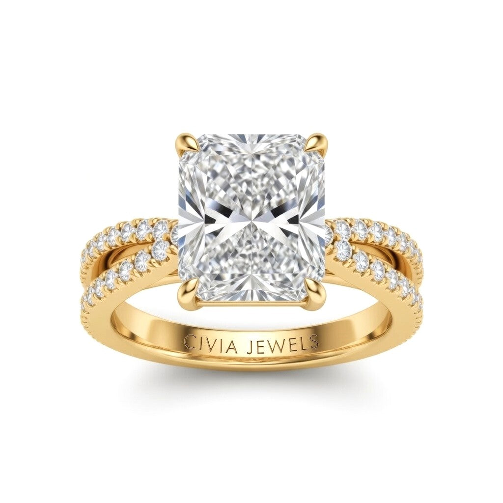 Yellow Gold Radiant Cut Elevated Solitaire With Diamond Pavé Twisted Split Shank Engagement Ring