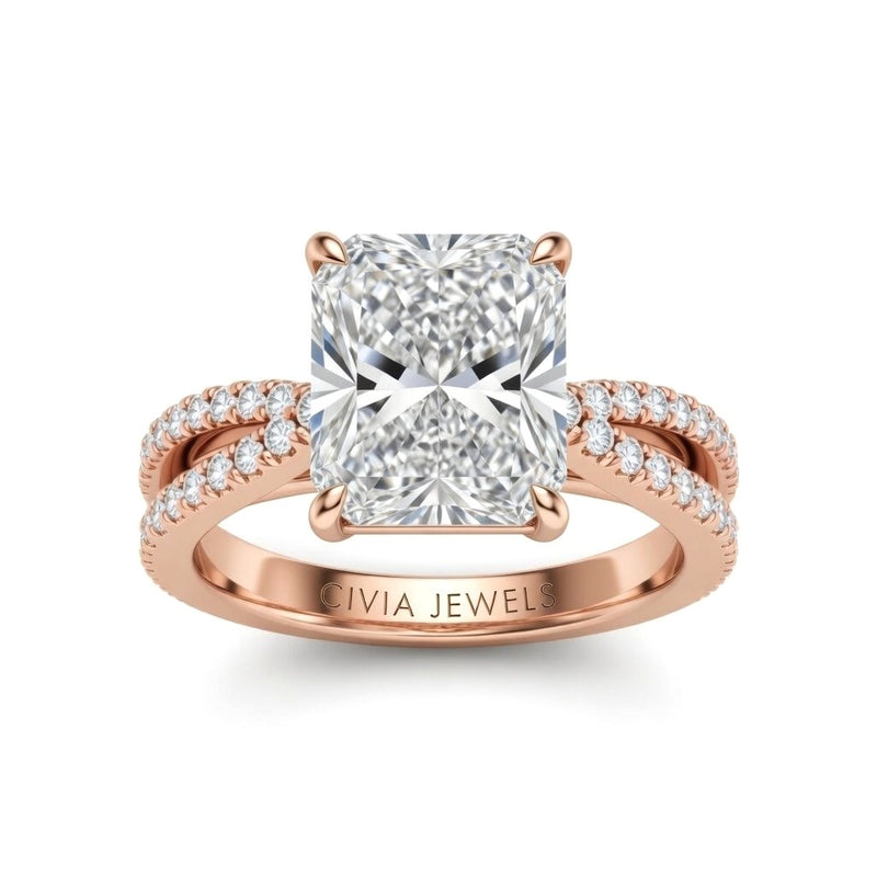 Rose Gold Radiant Cut Elevated Solitaire With Diamond Pavé Twisted Split Shank Engagement Ring