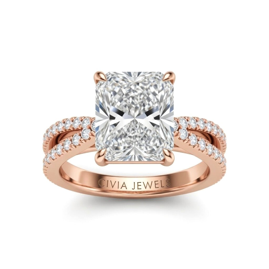 Rose Gold Radiant Cut Elevated Solitaire With Diamond Pavé Twisted Split Shank Engagement Ring