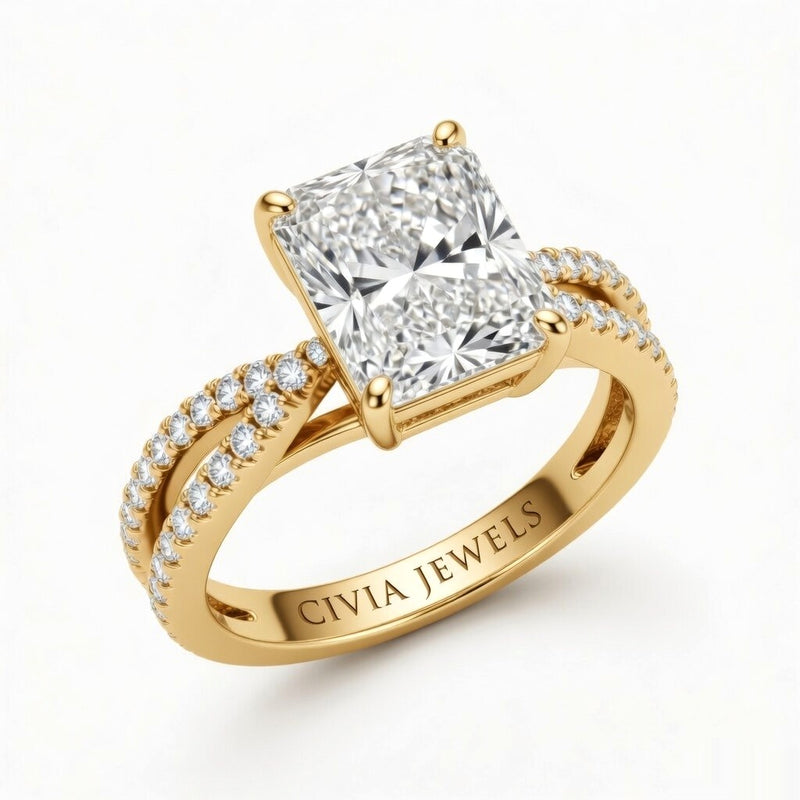 Yellow Gold Radiant Cut Elevated Solitaire With Diamond Pavé Twisted Split Shank Engagement Ring