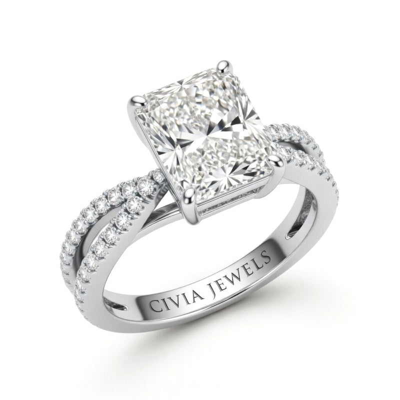 White Gold Radiant Cut Elevated Solitaire With Diamond Pavé Twisted Split Shank Engagement Ring