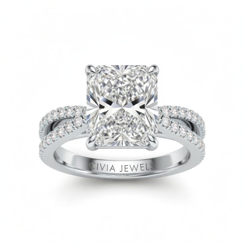 Silver Radiant Cut Elevated Solitaire With Diamond Pavé Twisted Split Shank Engagement Ring
