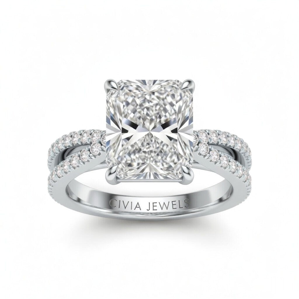 Silver Radiant Cut Elevated Solitaire With Diamond Pavé Twisted Split Shank Engagement Ring
