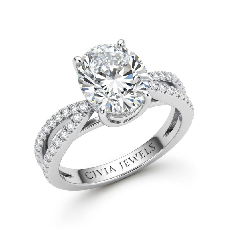 White Gold Round Cut Elevated Solitaire With Diamond Pavé Twisted Split Shank Engagement Ring