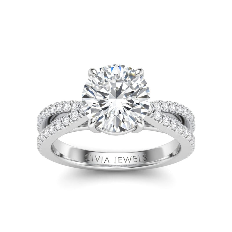 White Gold Round Cut Elevated Solitaire With Diamond Pavé Twisted Split Shank Engagement Ring