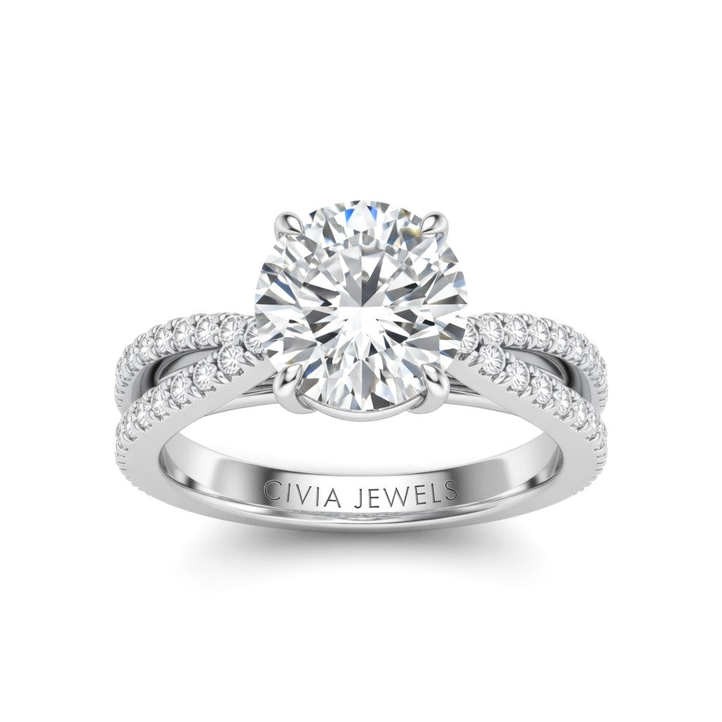 White Gold Round Cut Elevated Solitaire With Diamond Pavé Twisted Split Shank Engagement Ring