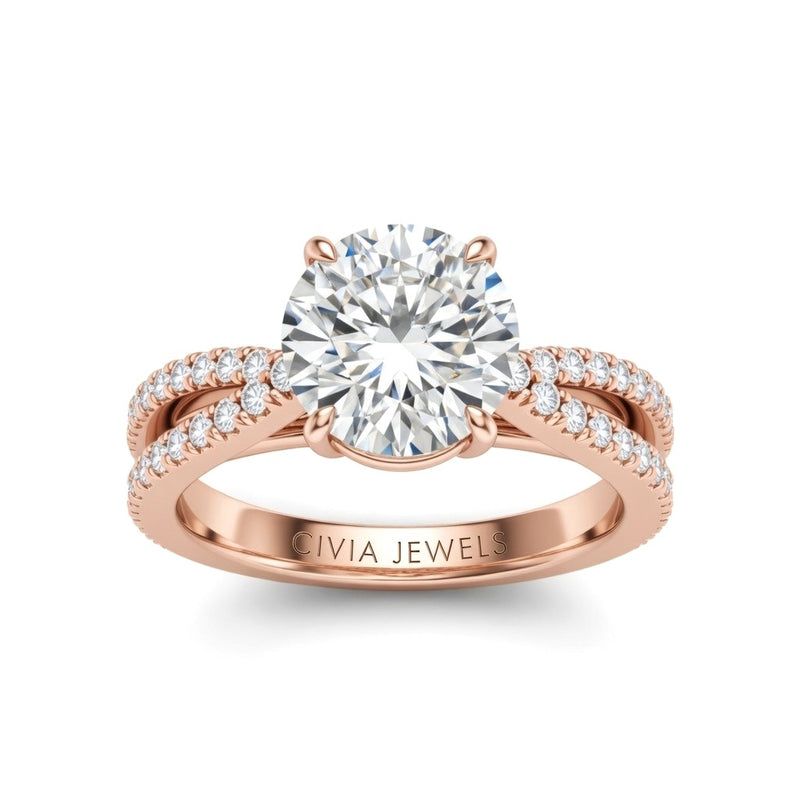 Rose Gold Round Cut Elevated Solitaire With Diamond Pavé Twisted Split Shank Engagement Ring