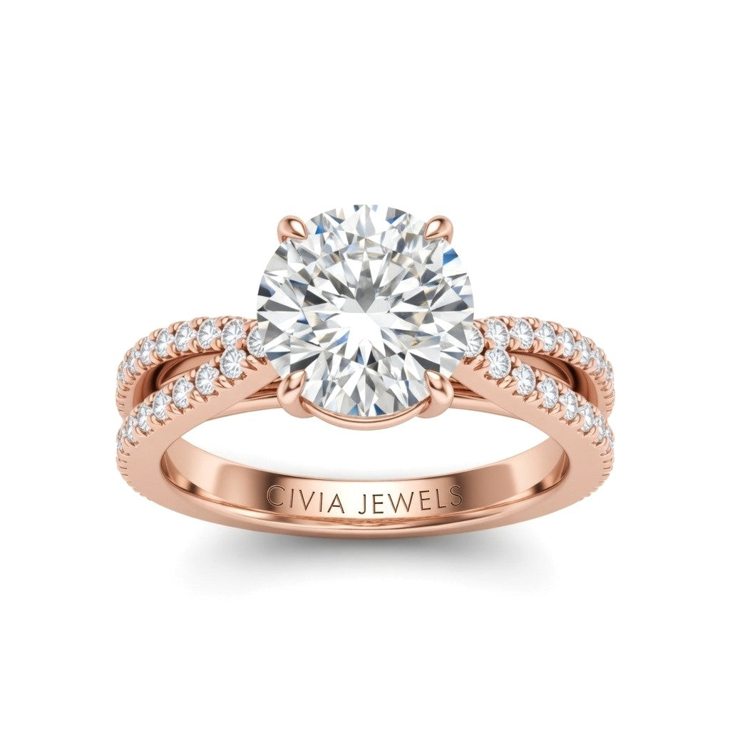 Rose Gold Round Cut Elevated Solitaire With Diamond Pavé Twisted Split Shank Engagement Ring