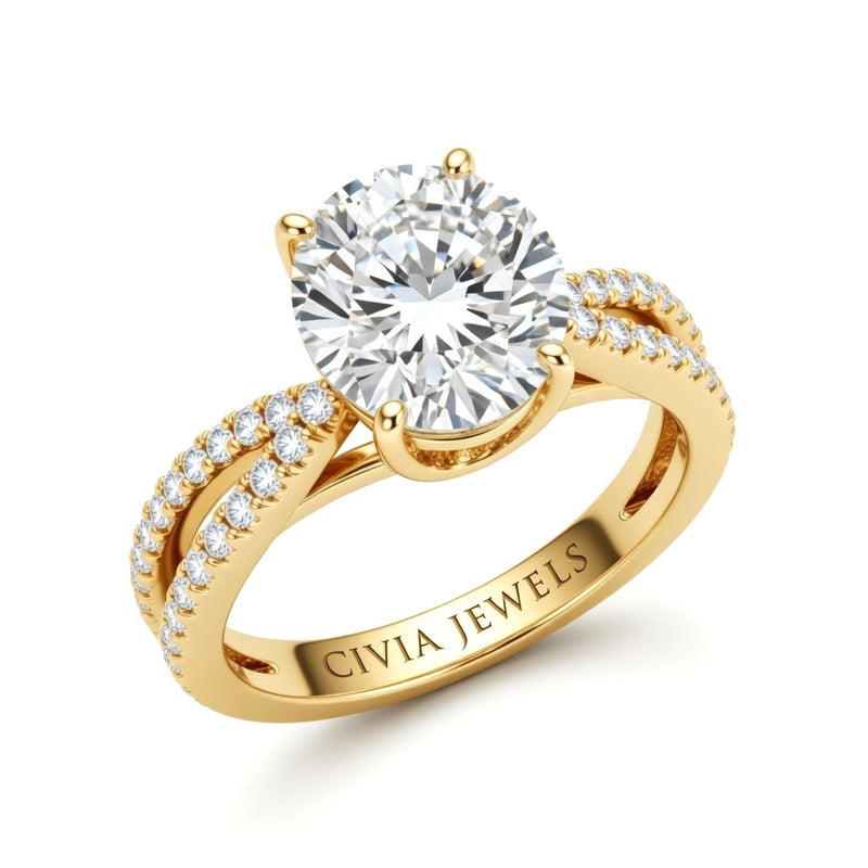 Yellow Gold Round Cut Elevated Solitaire With Diamond Pavé Twisted Split Shank Engagement Ring