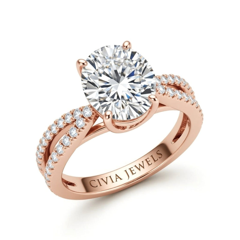 Rose Gold Round Cut Elevated Solitaire With Diamond Pavé Twisted Split Shank Engagement Ring
