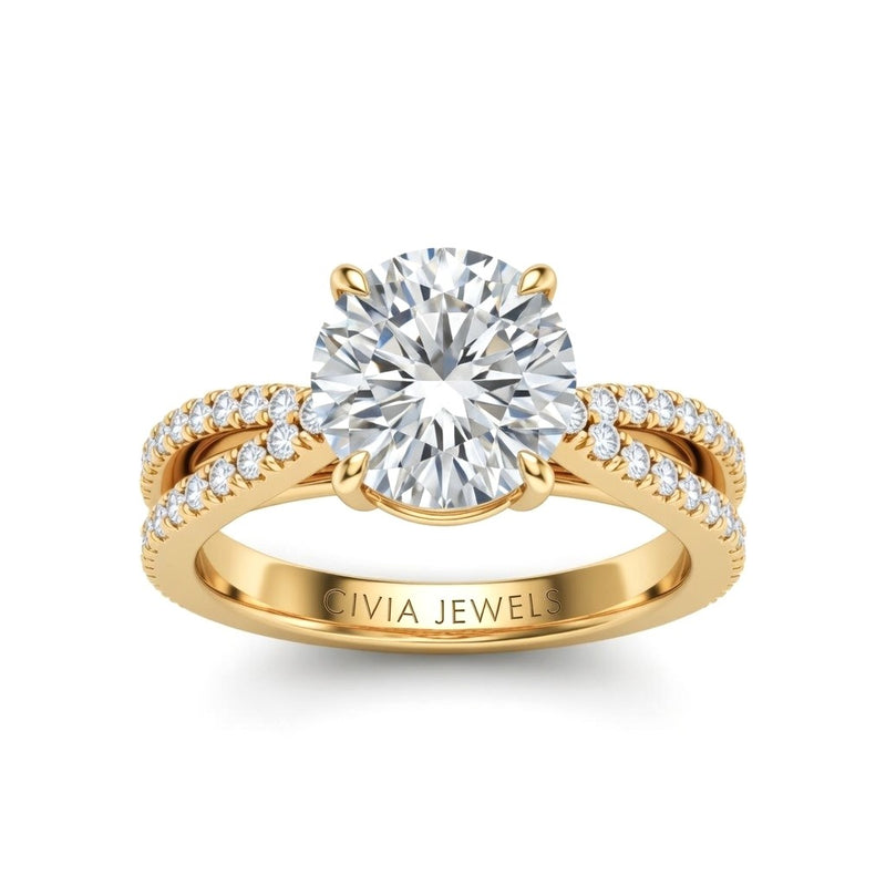 Yellow Gold Round Cut Elevated Solitaire With Diamond Pavé Twisted Split Shank Engagement Ring
