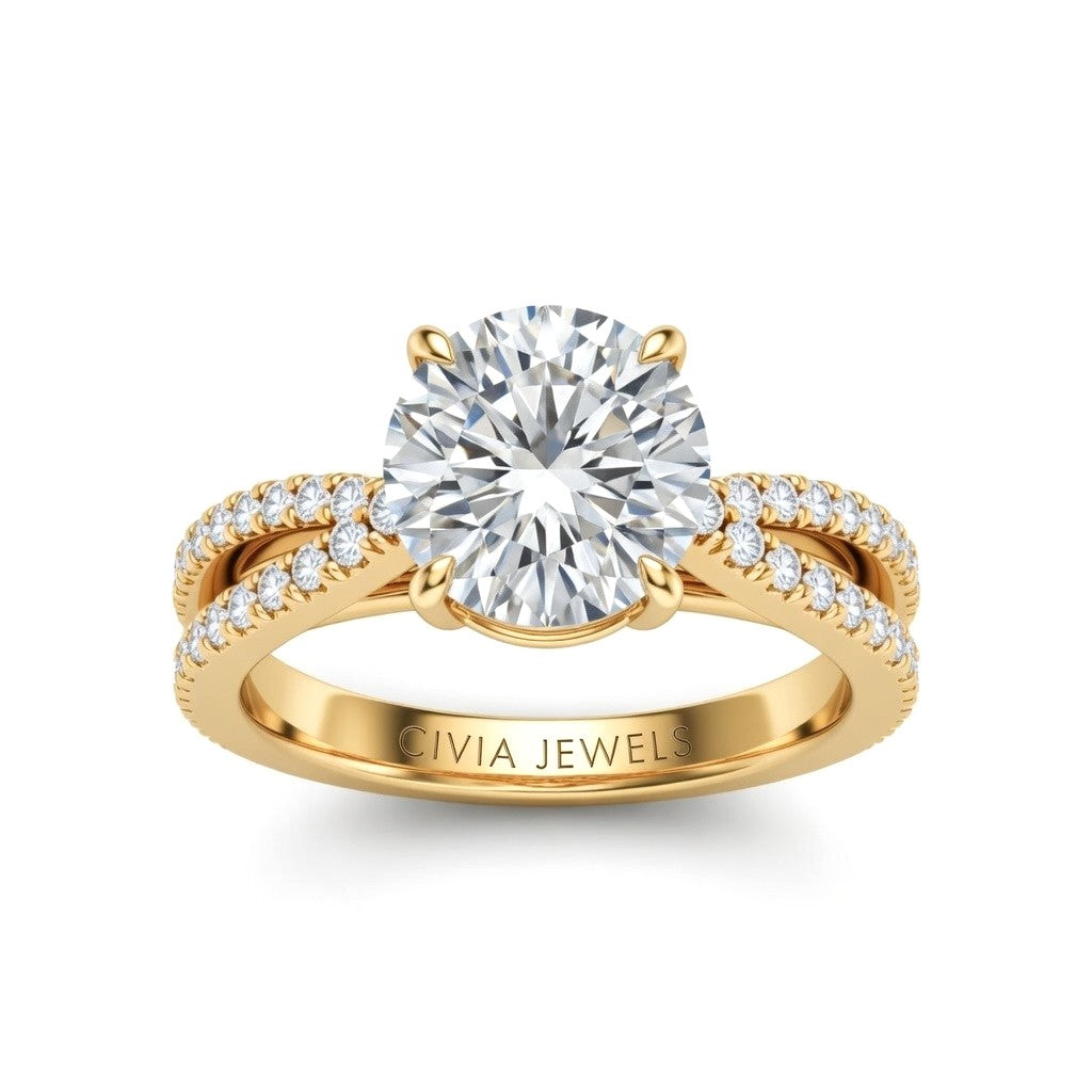 Yellow Gold Round Cut Elevated Solitaire With Diamond Pavé Twisted Split Shank Engagement Ring