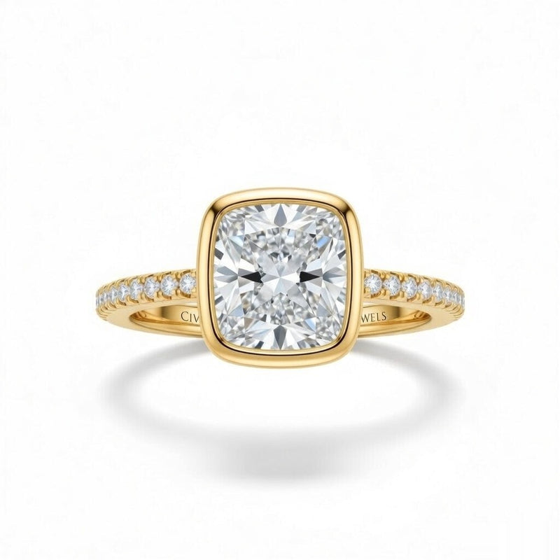 Yellow Gold Cushion Cut Bezel Set Solitaire With Diamond Pavé Classic Band Engagement Ring