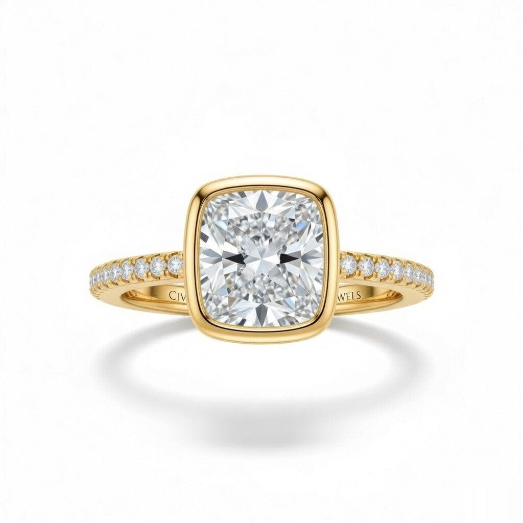 Yellow Gold Cushion Cut Bezel Set Solitaire With Diamond Pavé Classic Band Engagement Ring