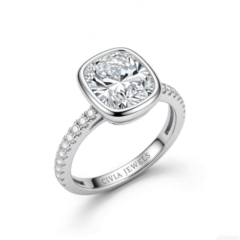 White Gold Cushion Cut Bezel Set Solitaire With Diamond Pavé Classic Band Engagement Ring