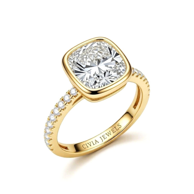 Yellow Gold Cushion Cut Bezel Set Solitaire With Diamond Pavé Classic Band Engagement Ring