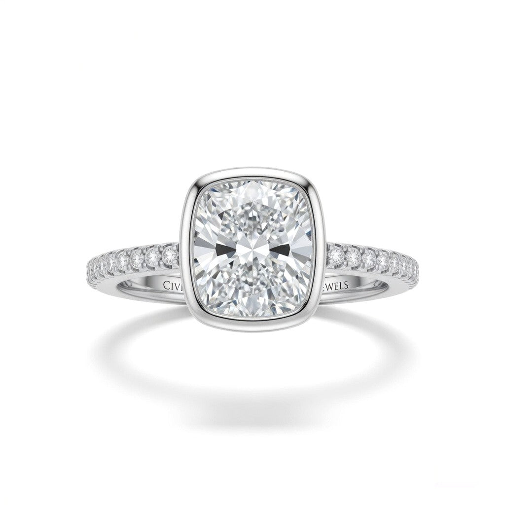 White Gold Cushion Cut Bezel Set Solitaire With Diamond Pavé Classic Band Engagement Ring