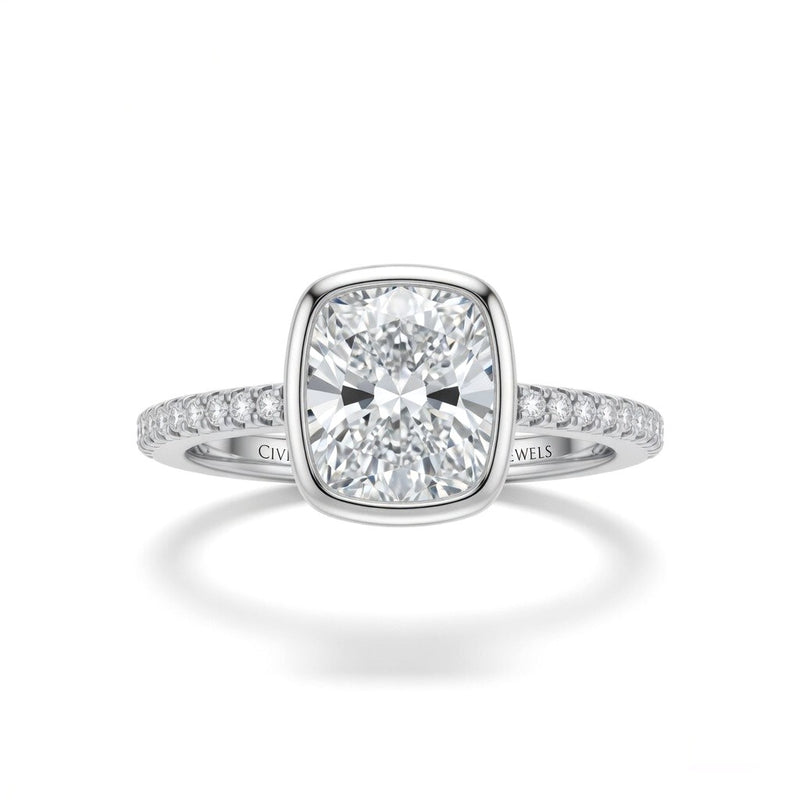 Silver Cushion Cut Bezel Set Solitaire With Diamond Pavé Classic Band Engagement Ring