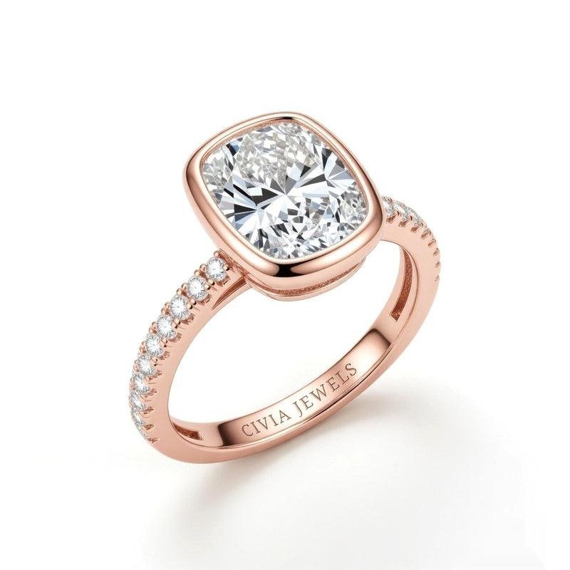 Rose Gold Cushion Cut Bezel Set Solitaire With Diamond Pavé Classic Band Engagement Ring
