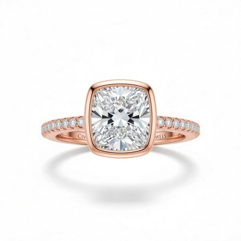 Rose Gold Cushion Cut Bezel Set Solitaire With Diamond Pavé Classic Band Engagement Ring
