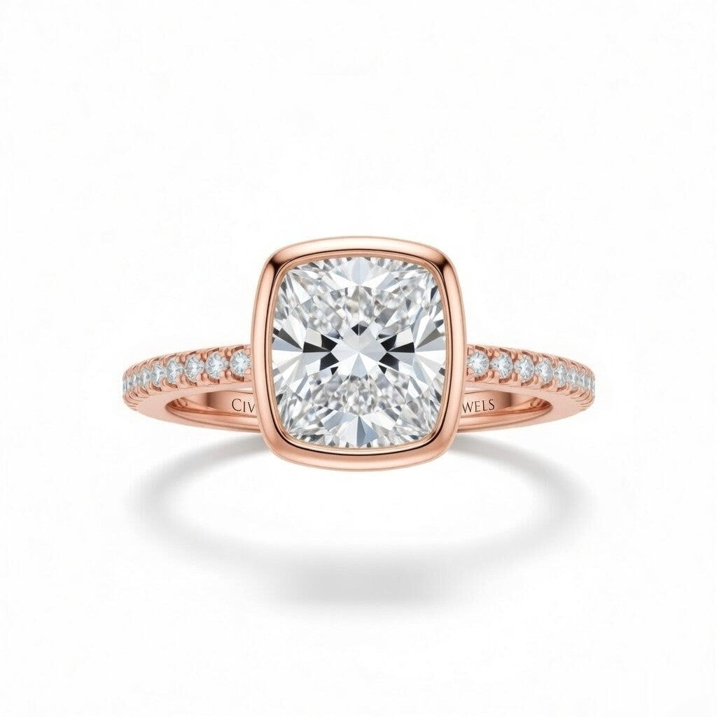 Rose Gold Cushion Cut Bezel Set Solitaire With Diamond Pavé Classic Band Engagement Ring