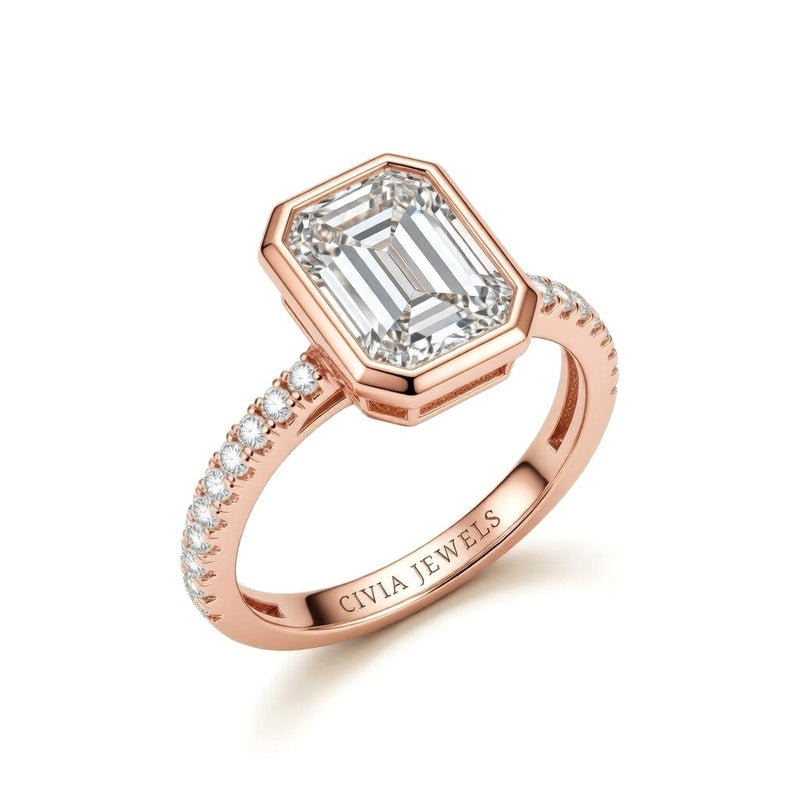Rose Gold Emerald Cut Bezel Set Solitaire With Diamond Pavé Classic Band Engagement Ring